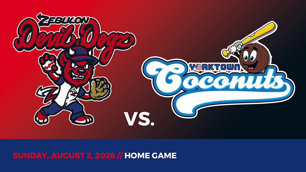 Graphic showing Zebulon Devil Dogz and Yorktown Coconuts logos over red-black gradient and blue bottom border with game date and location
