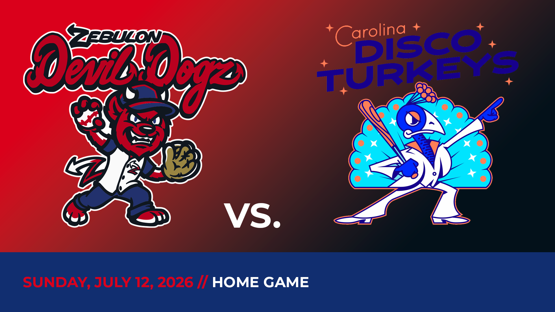 Graphic showing Zebulon Devil Dogz and Yorktown Coconuts logos over red-black gradient and blue bottom border with game date and location