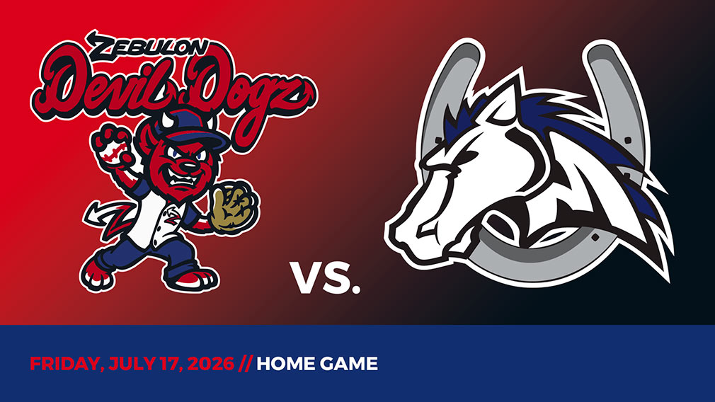Graphic showing Zebulon Devil Dogz and Martinsville Mustangs logos over red-black gradient and blue bottom border with game date and location