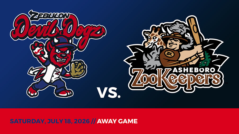 Graphic showing Zebulon Devil Dogz and Asheboro Zookeepers logos over blue-black gradient and red bottom border with game date and location