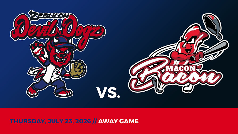 Graphic showing Zebulon Devil Dogz and Macon Bacon logos over blue-black gradient and red bottom border with game date and location