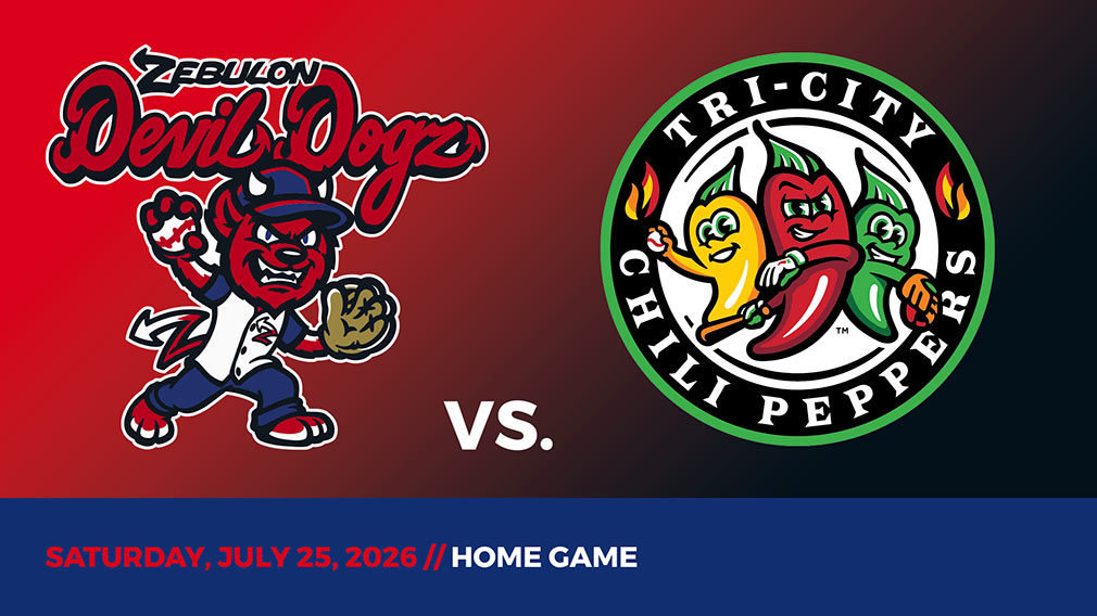 Graphic showing Zebulon Devil Dogz and Tri-City Chili Peppers logos over red-black gradient and blue bottom border with game date and location