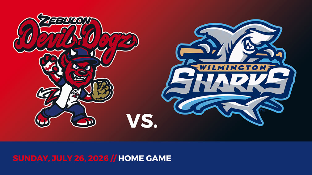 Graphic showing Zebulon Devil Dogz and Wilmington Sharks logos over red-black gradient and blue bottom border with game date and location