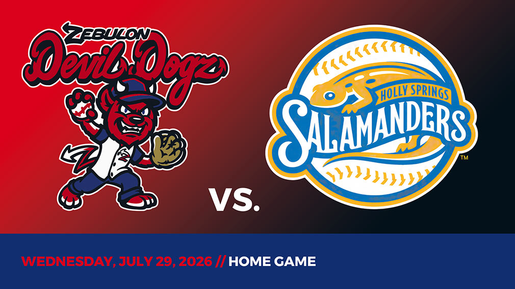 Graphic showing Zebulon Devil Dogz and Springs Salamanders logos over red-black gradient and blue bottom border with game date and location