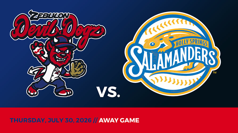 Graphic showing Zebulon Devil Dogz and Springs Salamanders logos over blue-black gradient and red bottom border with game date and location