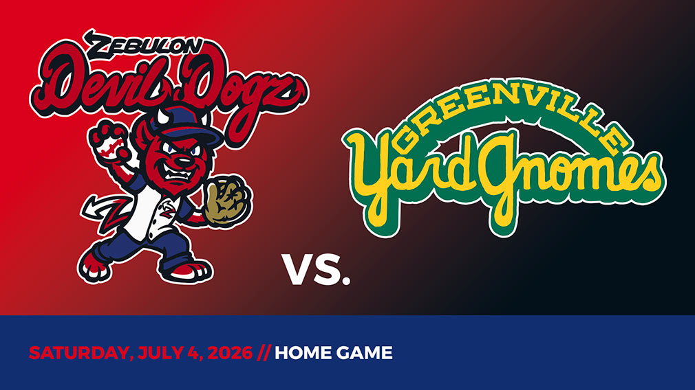Graphic showing Zebulon Devil Dogz and Greenville Yard Gnomes logos over red-black gradient and blue bottom border with game date and location