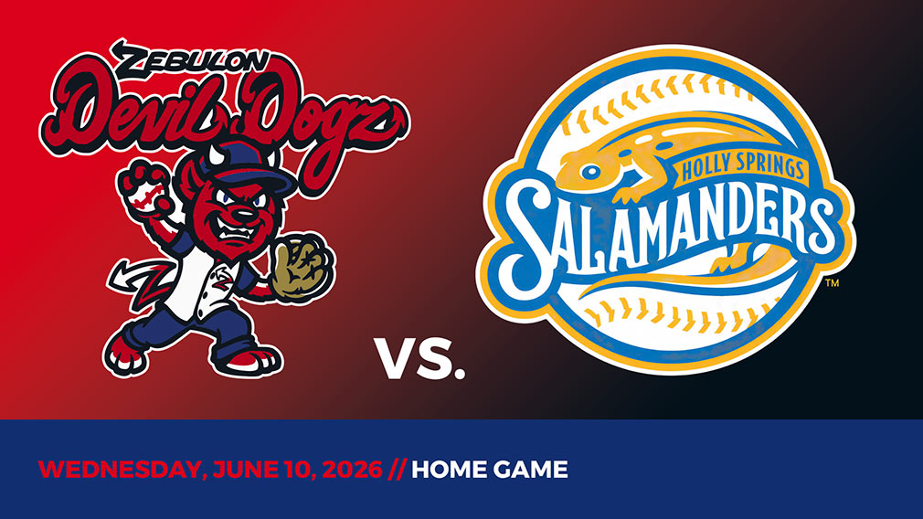 Graphic showing Zebulon Devil Dogz and Springs Salamanders logos over red-black gradient and blue bottom border with game date and location