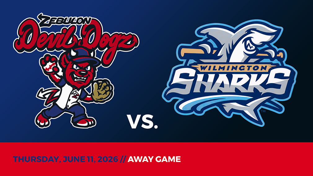 Graphic showing Zebulon Devil Dogz and Wilmington Sharks logos over blue-black gradient and red bottom border with game date and location