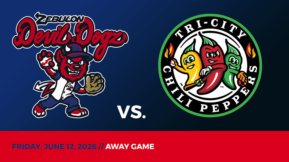 Graphic showing Zebulon Devil Dogz and Tri-City Chili Peppers logos over blue-black gradient and red bottom border with game date and location