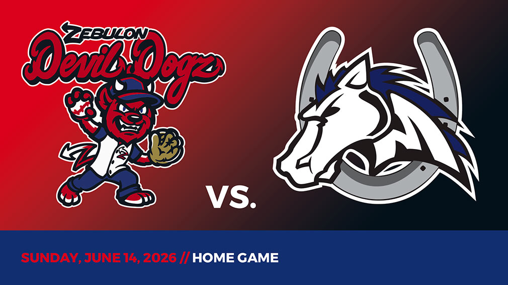 Graphic showing Zebulon Devil Dogz and Martinsville Mustangs logos over red-black gradient and blue bottom border with game date and location