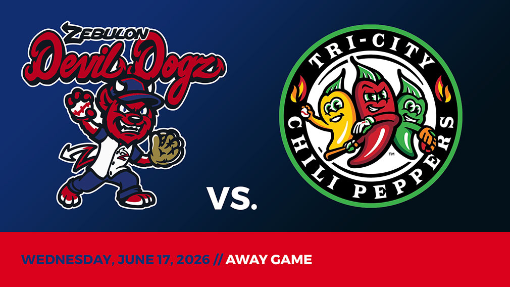 Graphic showing Zebulon Devil Dogz and Tri-City Chili Peppers logos over blue-black gradient and red bottom border with game date and location