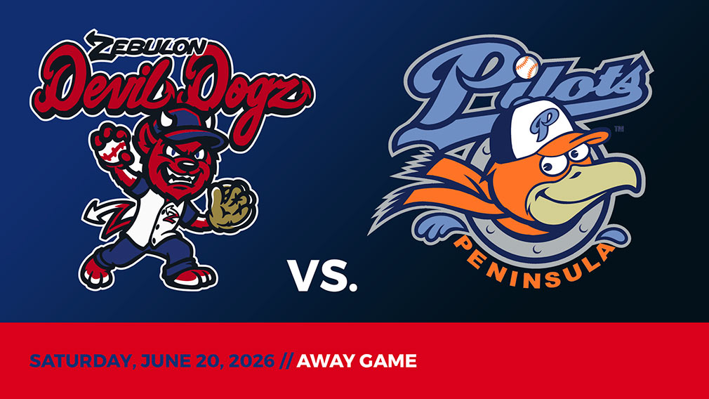 Graphic showing Zebulon Devil Dogz and Peninsula Pilots logos over blue-black gradient and red bottom border with game date and location