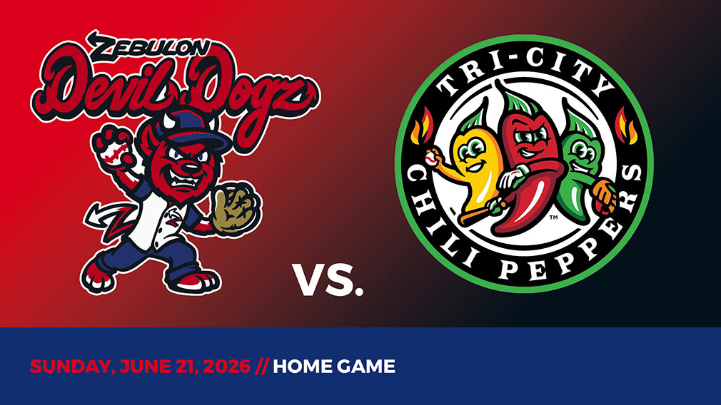 Graphic showing Zebulon Devil Dogz and Tri-City Chili Peppers logos over red-black gradient and blue bottom border with game date and location