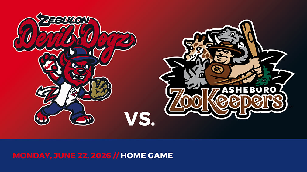 Graphic showing Zebulon Devil Dogz and Asheboro Zookeepers logos over red-black gradient and blue bottom border with game date and location
