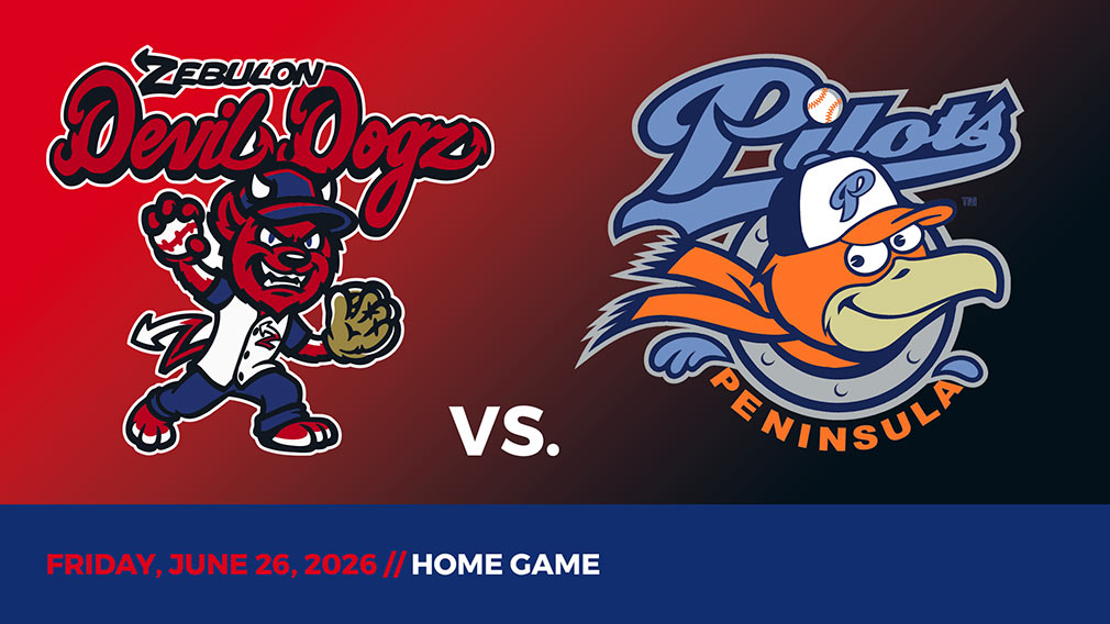 Graphic showing Zebulon Devil Dogz and Peninsula Pilots logos over red-black gradient and blue bottom border with game date and location