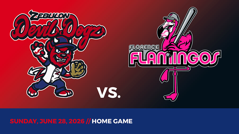 Graphic showing Zebulon Devil Dogz and Florence Flamingos logos over red-black gradient and blue bottom border with game date and location