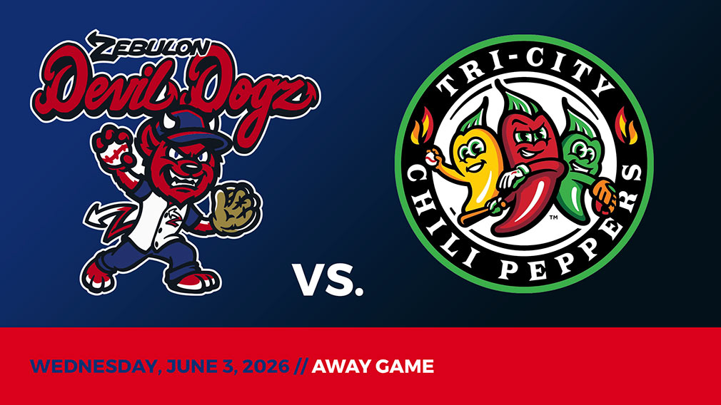 Graphic showing Zebulon Devil Dogz and Tri-City Chili Peppers logos over blue-black gradient and red bottom border with game date and location
