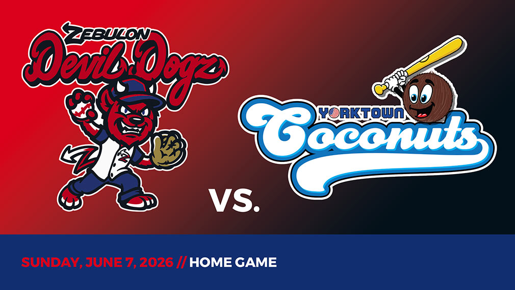 Graphic showing Zebulon Devil Dogz and Yorktown Coconuts logos over red-black gradient and blue bottom border with game date and location