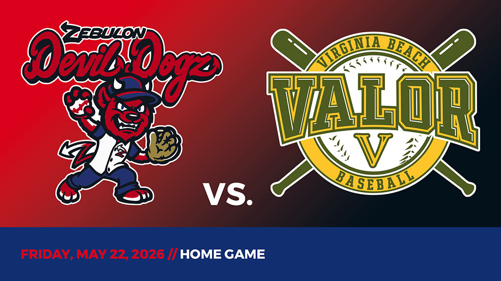 Graphic showing Zebulon Devil Dogz and Virginia Beach Valor logos over red-black gradient and blue bottom border with game date and location