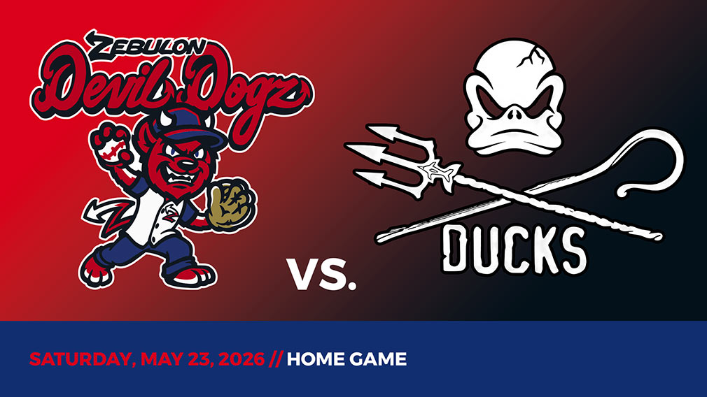 Graphic showing Zebulon Devil Dogz and Greensboro Ducks logos over red-black gradient and blue bottom border with game date and location