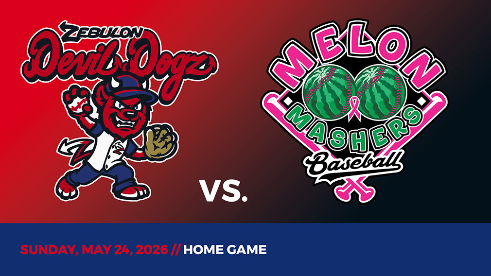 Graphic showing Zebulon Devil Dogz and Mid State Melon Mashers logos over red-black gradient and blue bottom border with game date and location