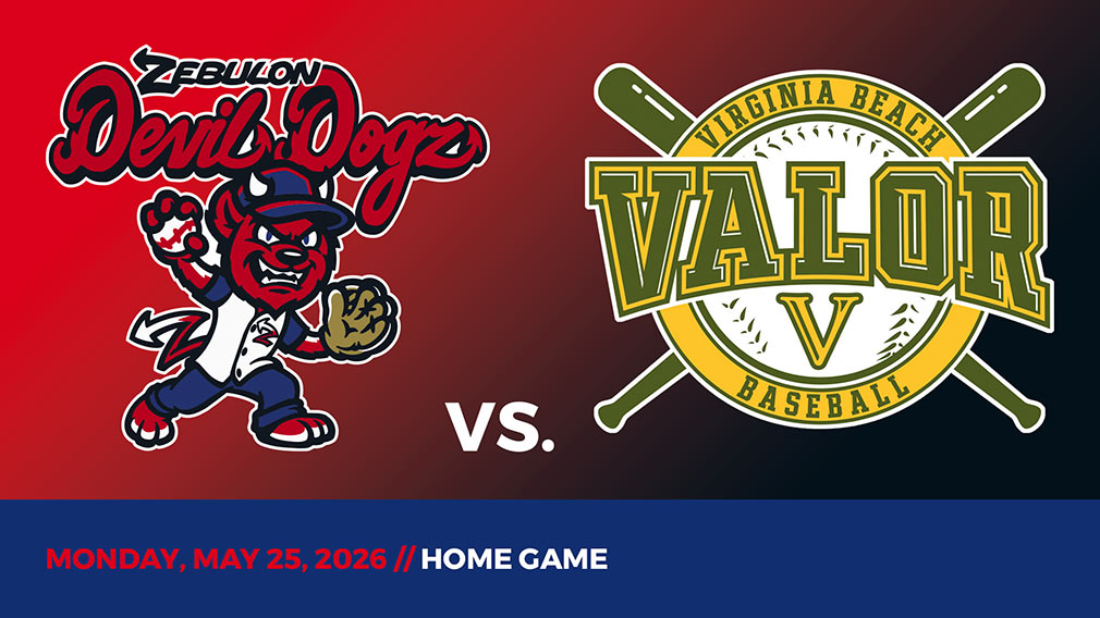 Graphic showing Zebulon Devil Dogz and Virginia Beach Valor logos over red-black gradient and blue bottom border with game date and location