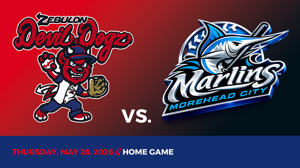Graphic showing Zebulon Devil Dogz and Morehead City Marlins logos over red-black gradient and blue bottom border with game date and location