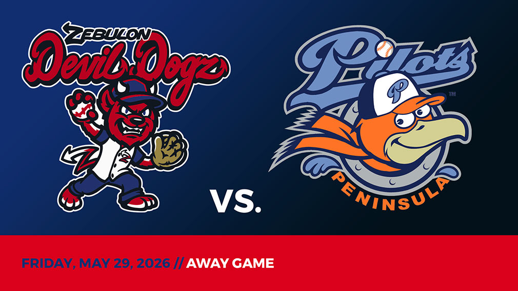 Graphic showing Zebulon Devil Dogz and Peninsula Pilots logos over blue-black gradient and red bottom border with game date and location