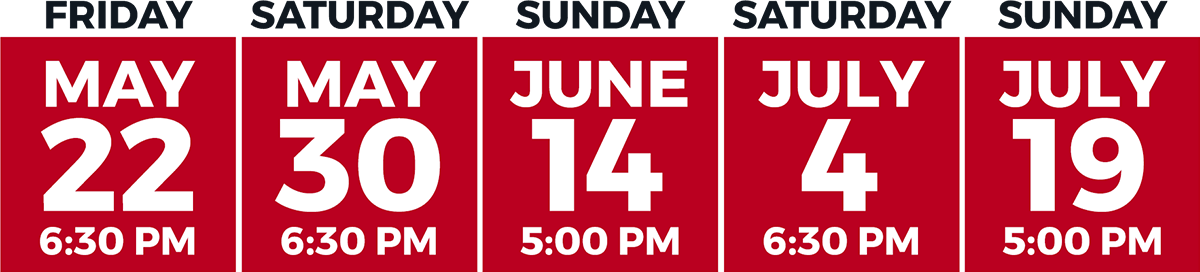 Graphic showing Plan A days in black sans-serif type with dates and times in white sans-serif type inside red boxes