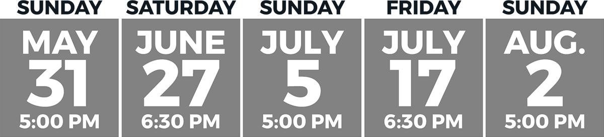 Graphic showing Plan E days in black sans-serif type with dates and times in white sans-serif type inside gray boxes